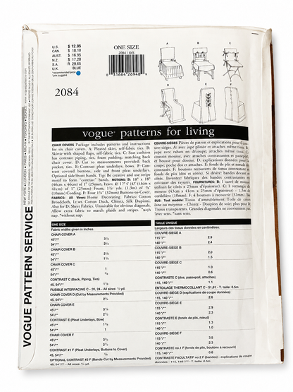Vogue Patterns for Living 2084 Chair Covers Sewing Pattern